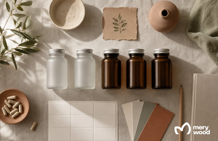 Unlabeled supplement bottles, blank labels and color swatches for private label manufacturing