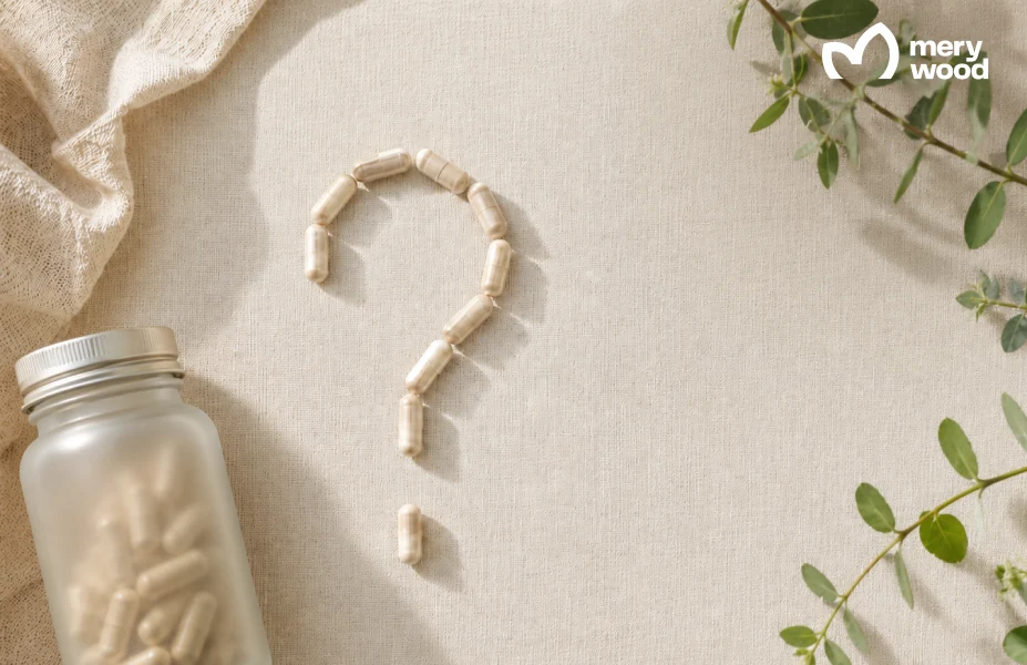 Supplement capsules arranged as a question mark beside a food supplement bottle