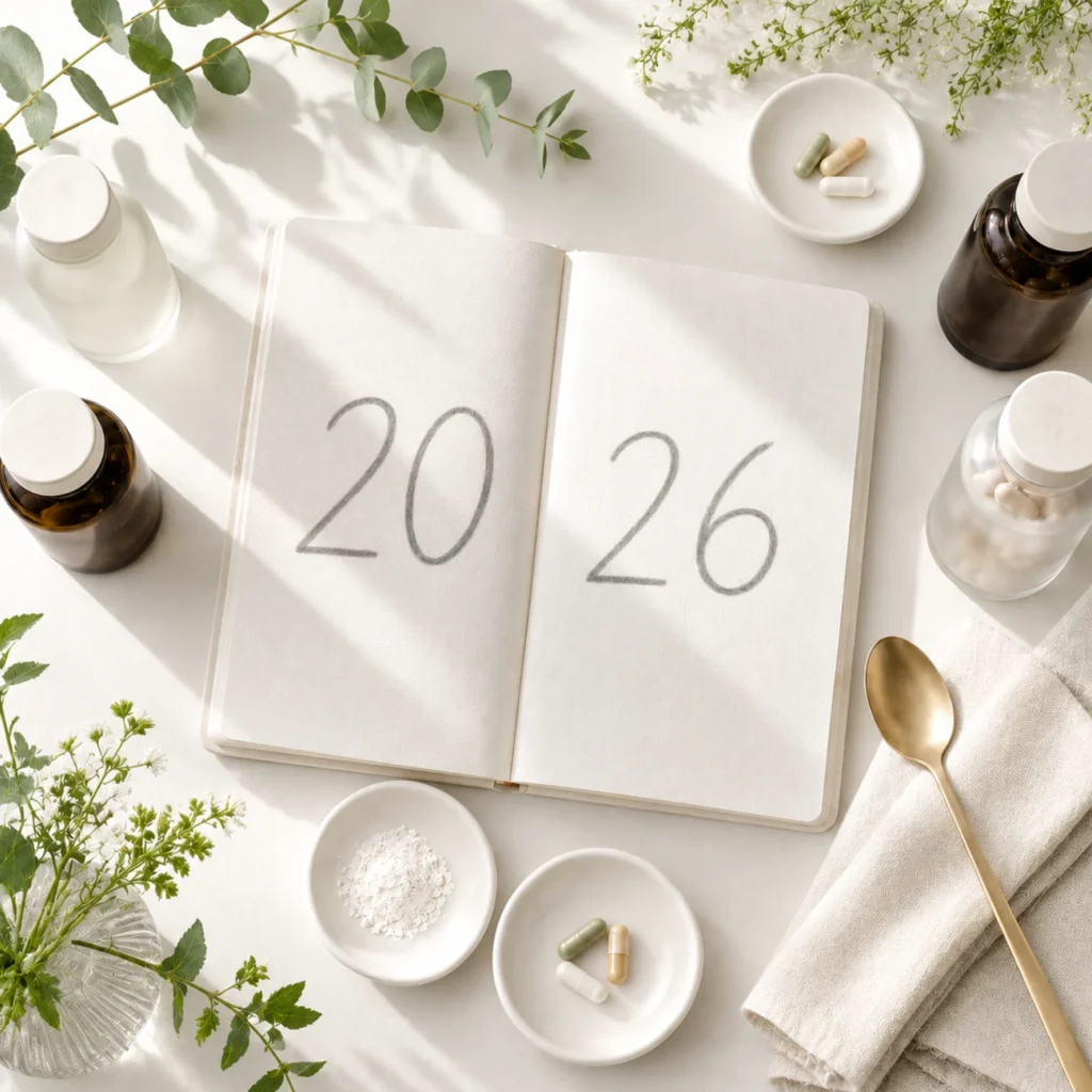 Supplement bottles, capsules and powder around an open notebook marked 2026