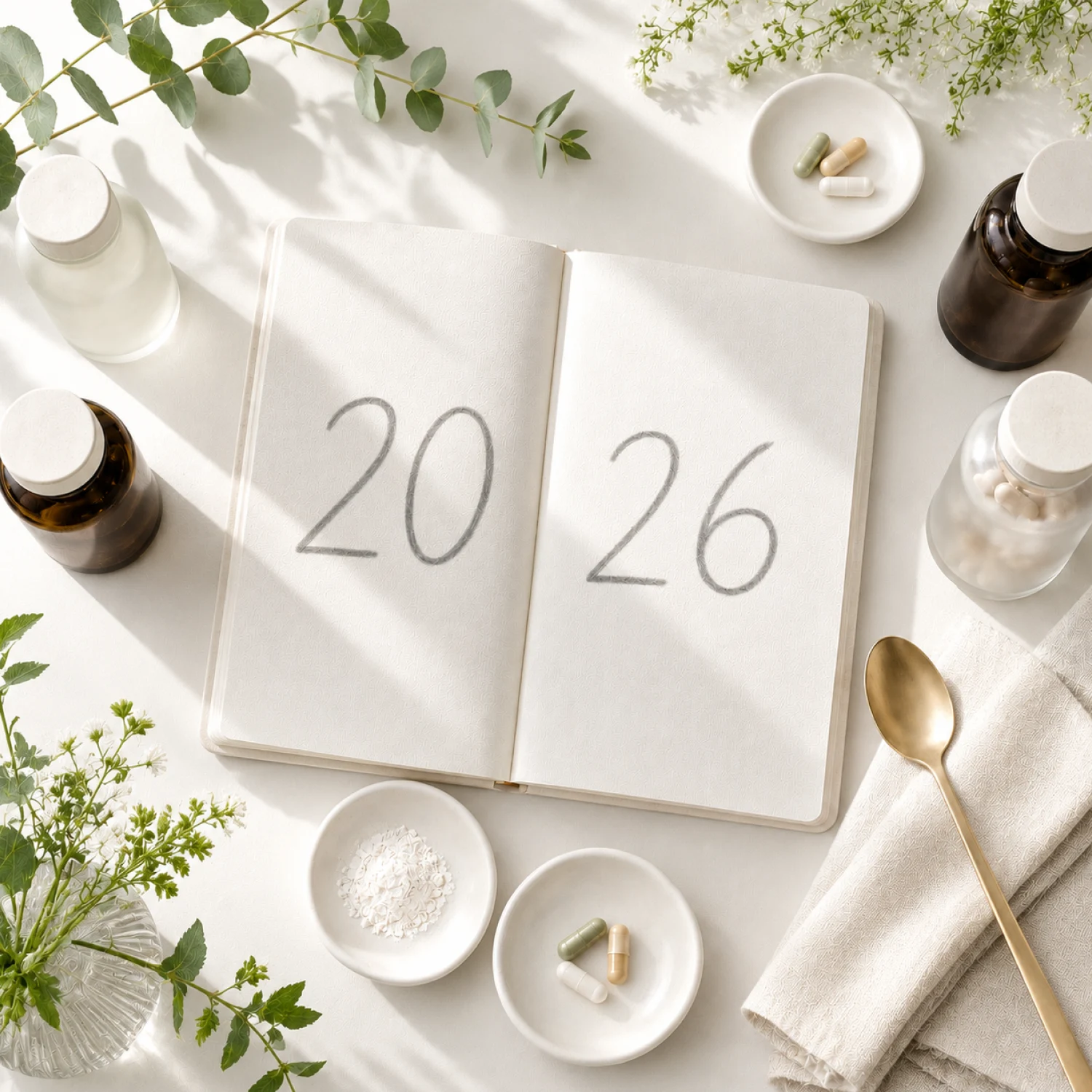 Supplement bottles, capsules and powder around an open notebook marked 2026