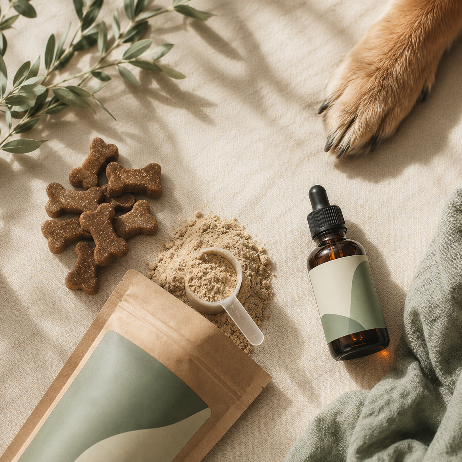 Soft chews, powdered dog supplement, and liquid oil arranged beside a dog’s paw