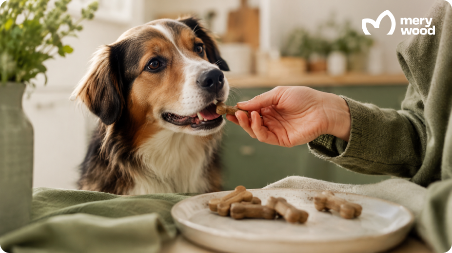 Happy medium-size dog taking a bone-shaped soft chew from its owner’s hand