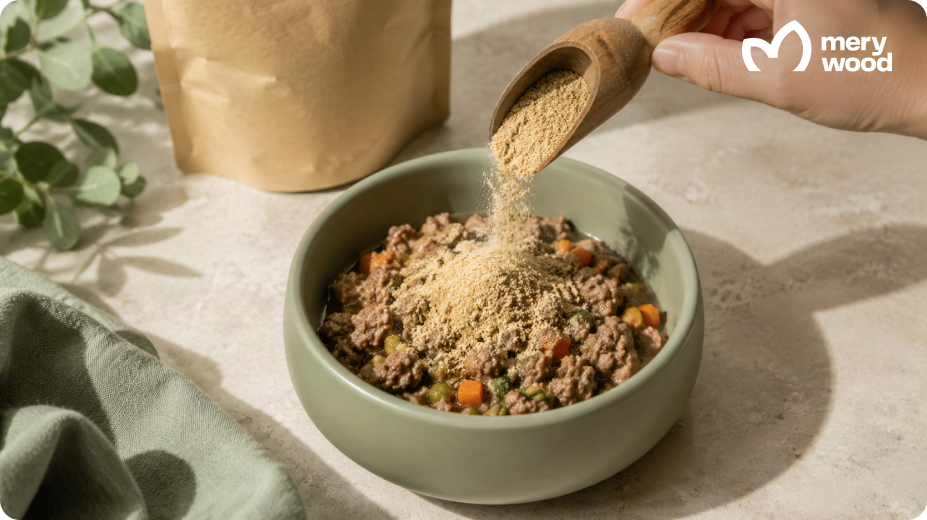 Wooden scoop pouring powdered dog supplement over fresh wet food in a ceramic bowl