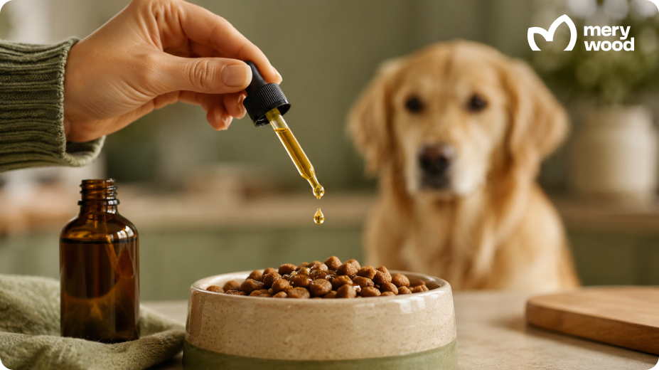 Golden fish oil falling from a glass dropper into a bowl of dog food as a dog waits nearby