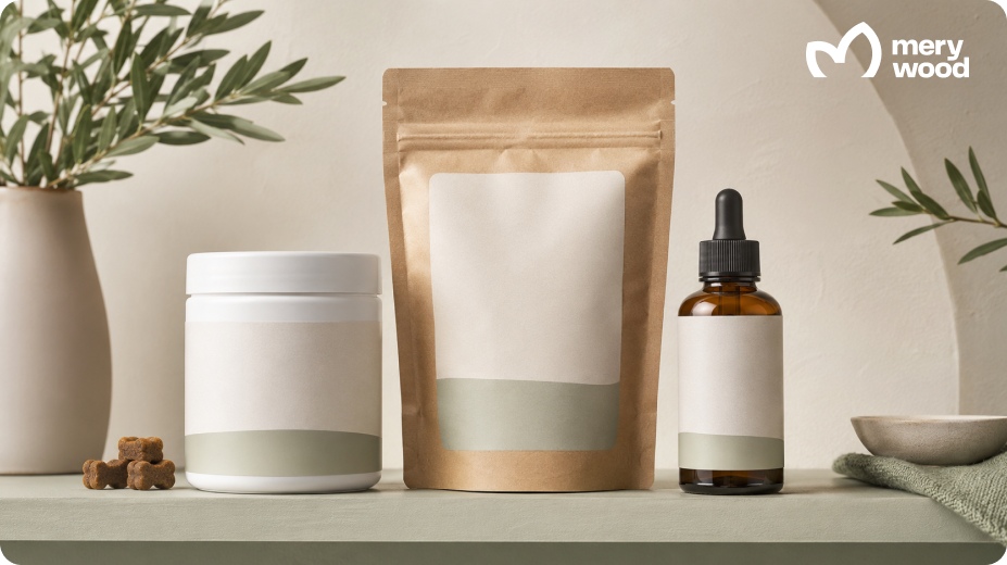 Unbranded soft-chew jar, powder pouch, and amber liquid supplement bottle displayed together