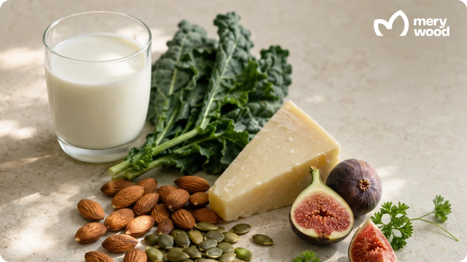 Milk, kale, hard cheese, almonds, pumpkin seeds and figs as sources of bone-supporting nutrients