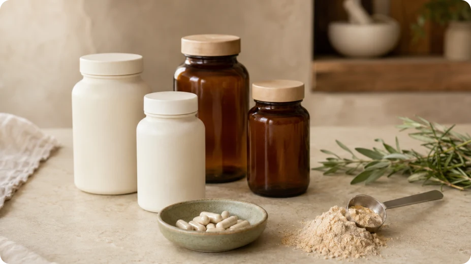 Supplement bottles, capsules and powder representing finished bone and joint supplement formats