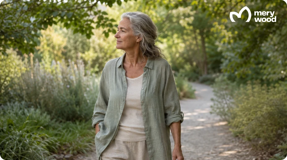 Older woman walking outdoors, representing bone and joint health with age