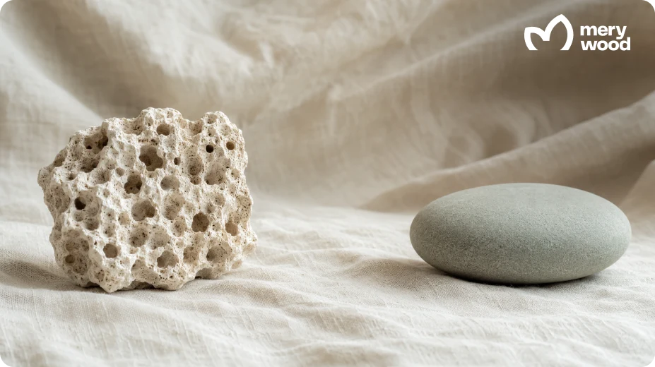 Porous stone beside a smooth pebble, symbolizing the different structures of bone and joint tissue