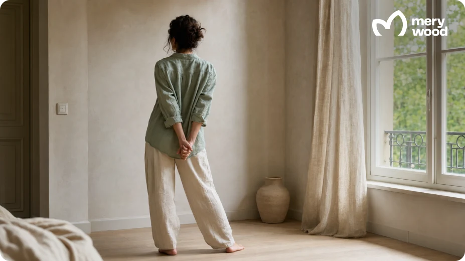 Woman stretching in a calm room, representing joint mobility and comfort