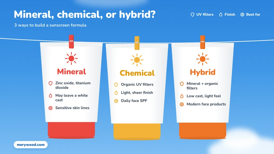 Comparison of mineral, chemical, and hybrid sunscreen formulas by UV filters, finish, and best use