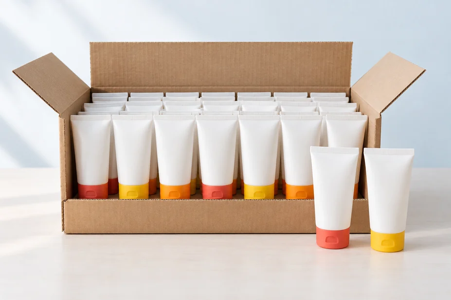 Box of finished private label sunscreen tubes ready for launch
