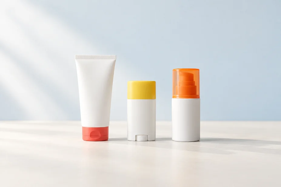 Sunscreen tube, stick, and pump bottle in white packaging with colored caps