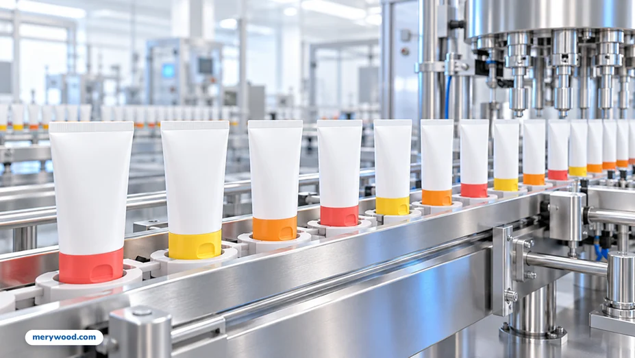 White sunscreen tubes with colored caps on a production line