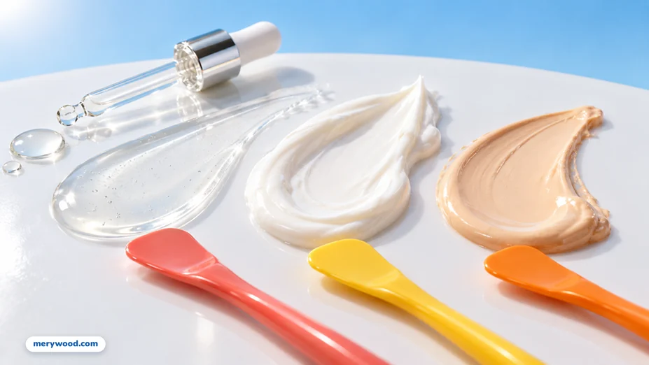 Sheer, cream, and tinted sunscreen textures on a white surface