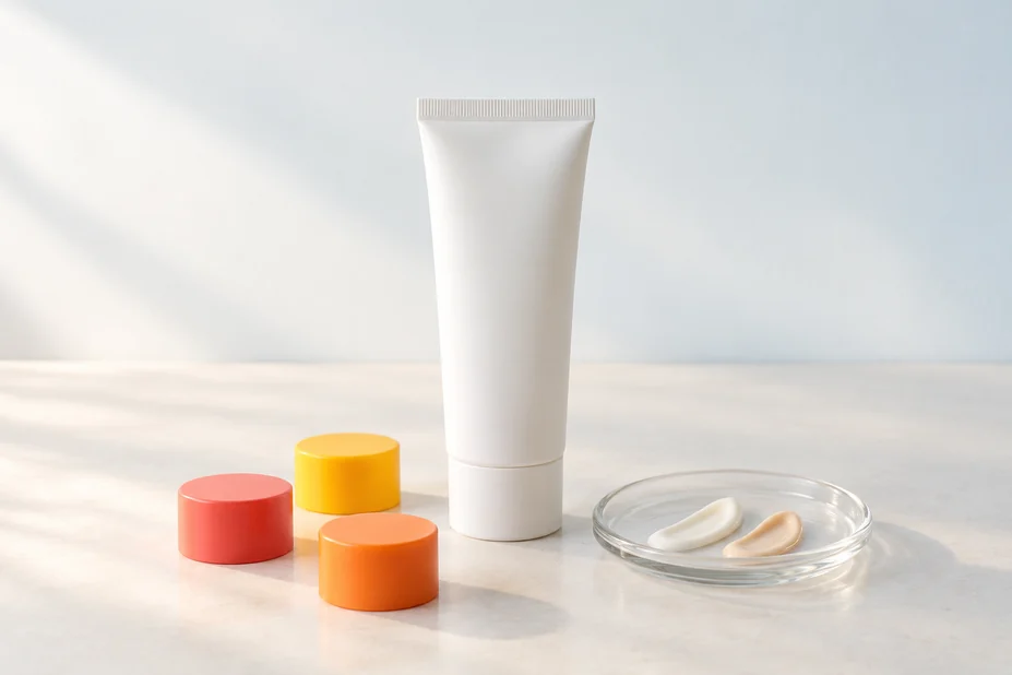Blank sunscreen tube with cap color options and cream swatches at the concept stage