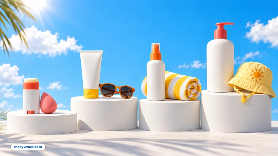 Sunscreen stick, face tube, spray, and pump bottle on podiums for different customer groups
